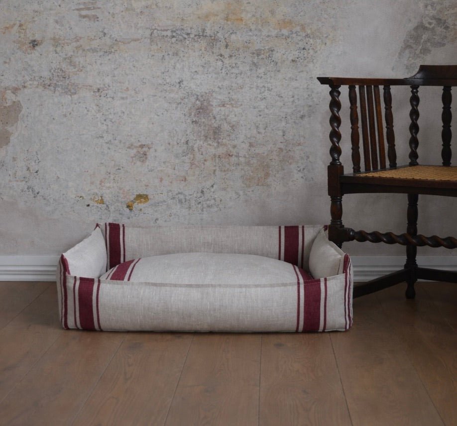 Natural Grey and Burgundy Striped Linen Eco - friendly and Sustainable Dog Bed - Good Dog Bed Co
